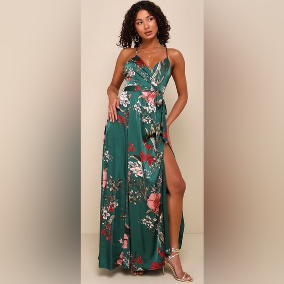 Lulus Dresses & Skirts - Lulu's Still the One Emerald Green Floral Print Satin Maxi Dress